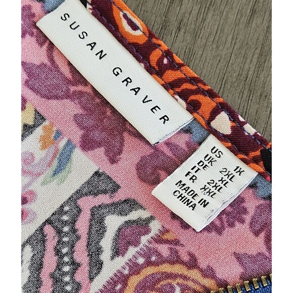 Susan Graver Multicolor Patchwork Liquid Knit Top 3/4 Split Sleeve 1XL Zipper - Picture 3 of 8